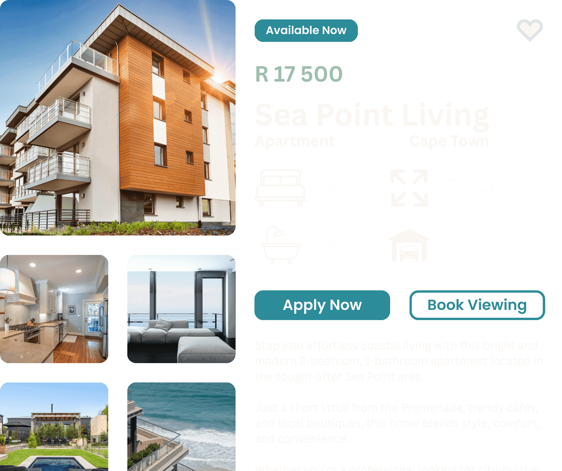 A live PropertyPA listing: Sea Point Living, R 17 500 per month, 2 bedroom apartment in Cape Town with Apply Now and Book Viewing actions